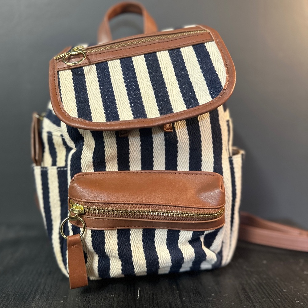 Striped Canvas and Brown Leather Backpack